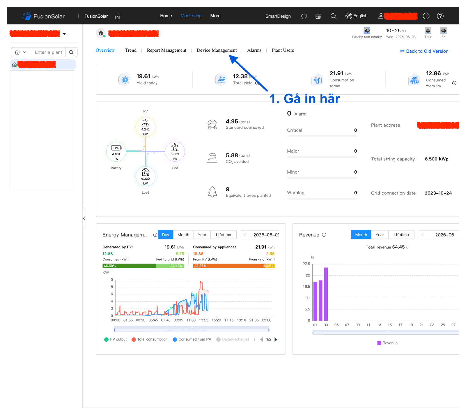 In FusionSolar, open Monitoring and go to “Device Management”.