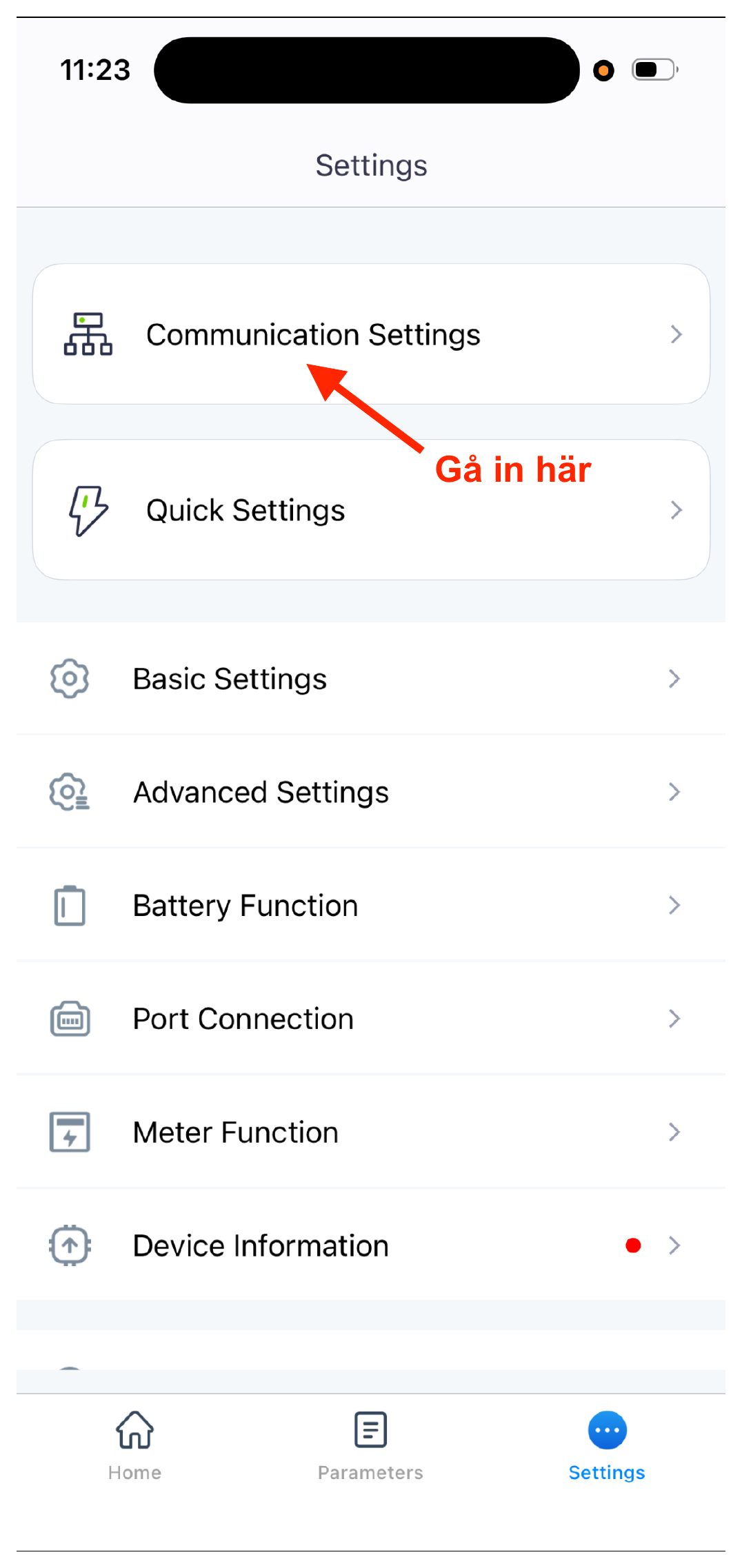 In the SolarGo app, open Settings and tap “Communication Settings”.