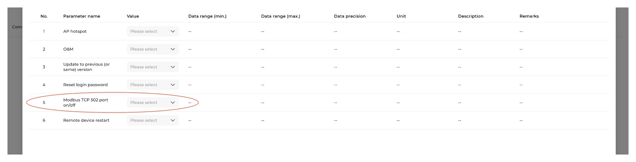 In iSolarCloud, choose “Communication module” from the device list, select your “WiNet-S”, then go to Settings → Common settings. At “5. Modbus TCP 502 port on/off” choose “Open”, then tap “Apply settings” at the bottom.