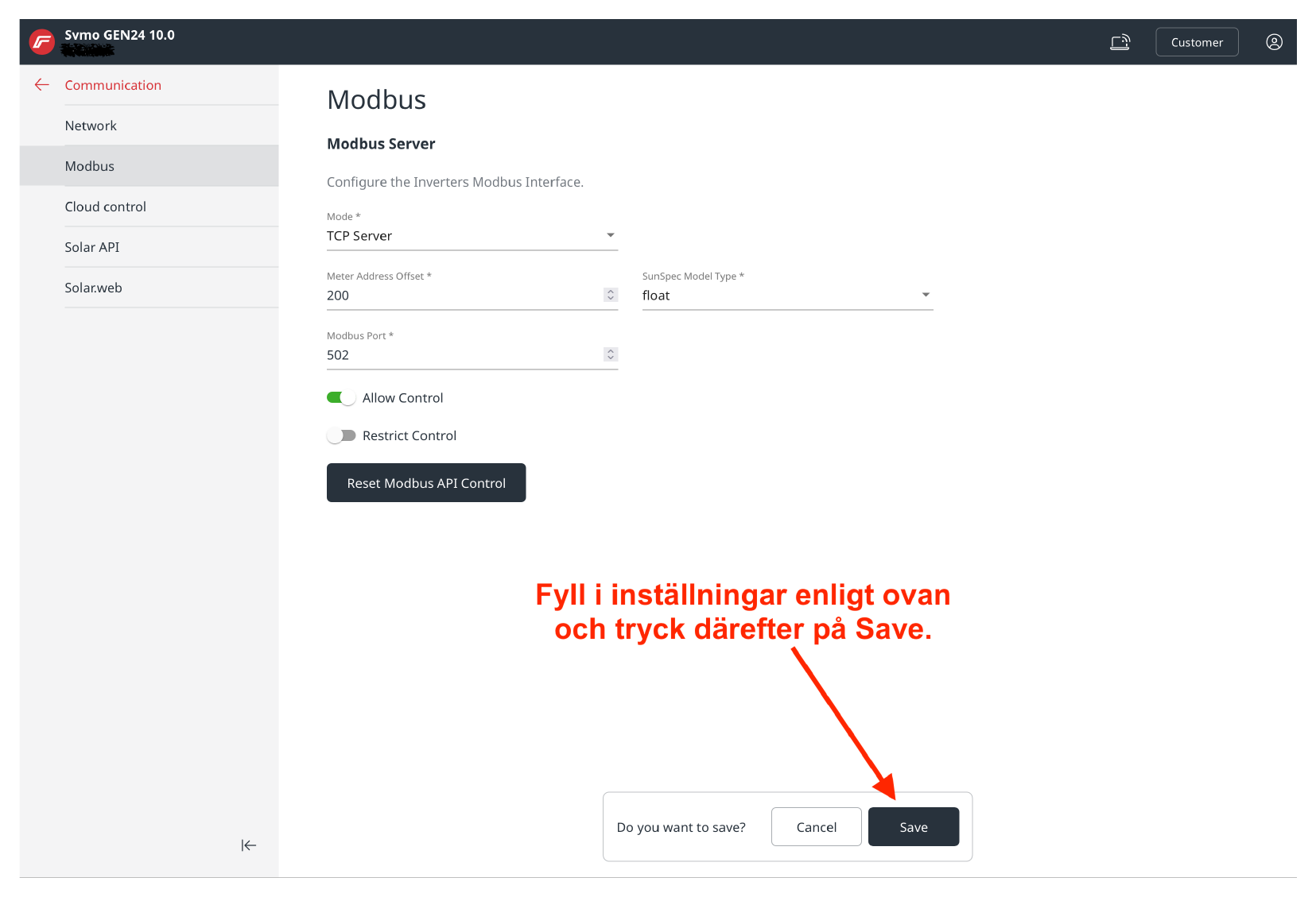 Under Communication → Modbus, set Mode to “TCP Server”, Meter Address Offset to 200 and Modbus Port to 502. Turn on “Allow Control” and leave “Restrict Control” off, then press Save.