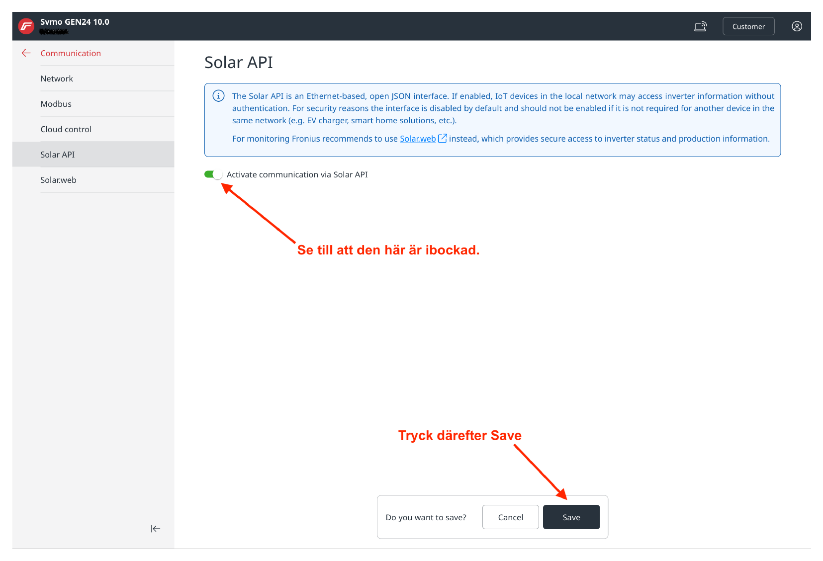Open “Solar API” and make sure “Activate communication via Solar API” is enabled, then press Save.