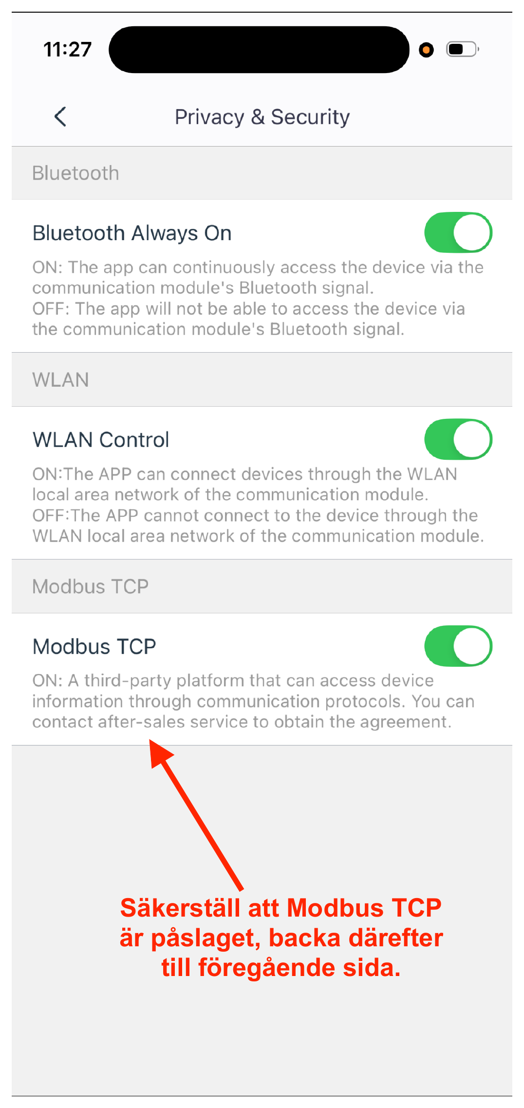 Make sure “Modbus TCP” is turned on, then go back to the previous screen.