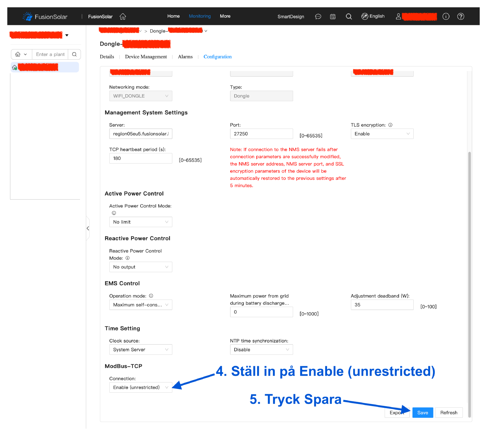 Scroll down to “ModBus-TCP”, set Connection to “Enable (unrestricted)” and press Save.